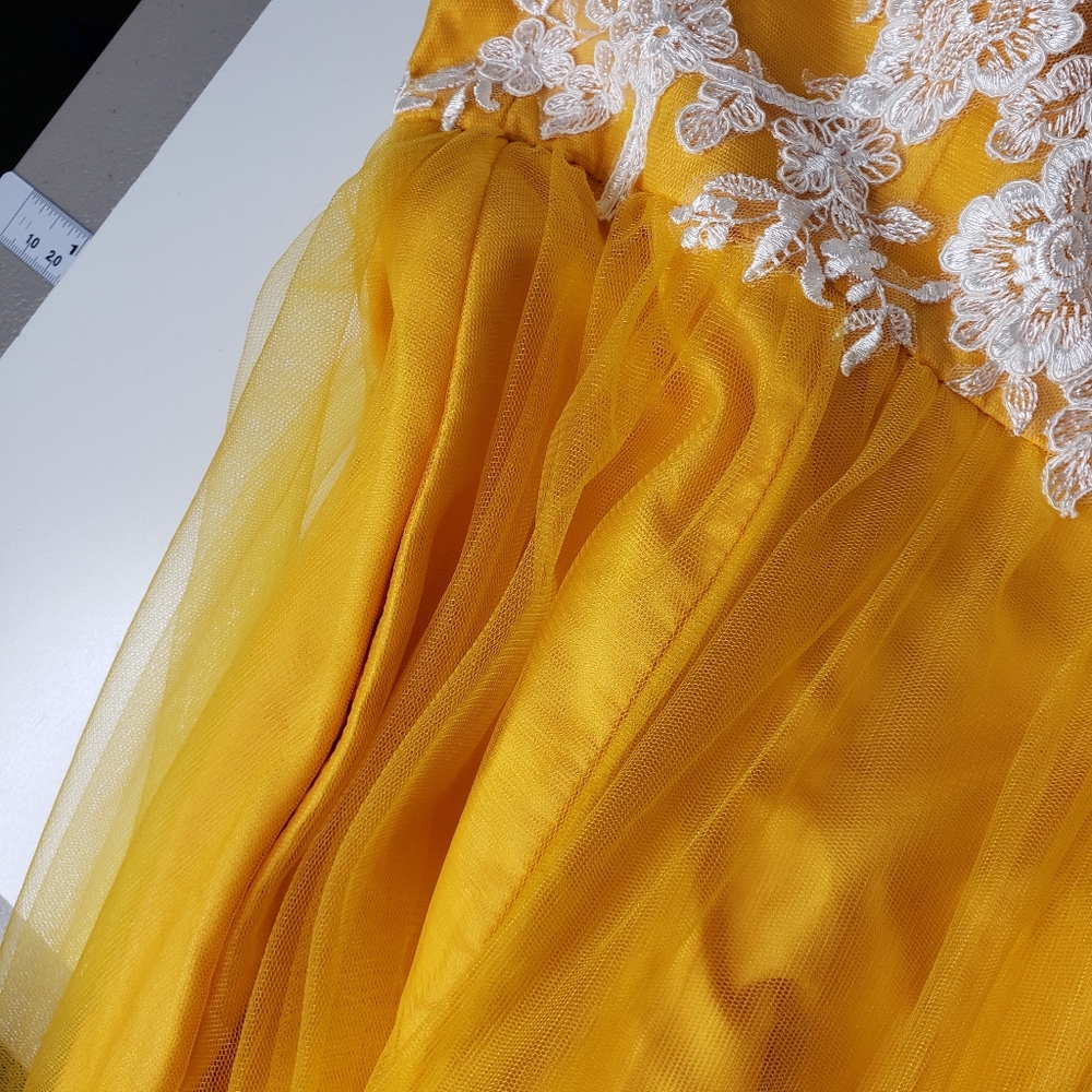 Azazie Ball Gown XS Golden Saffron Fantasy Fairy Tulle Lace One Shoulder Prom - Picture 15 of 17